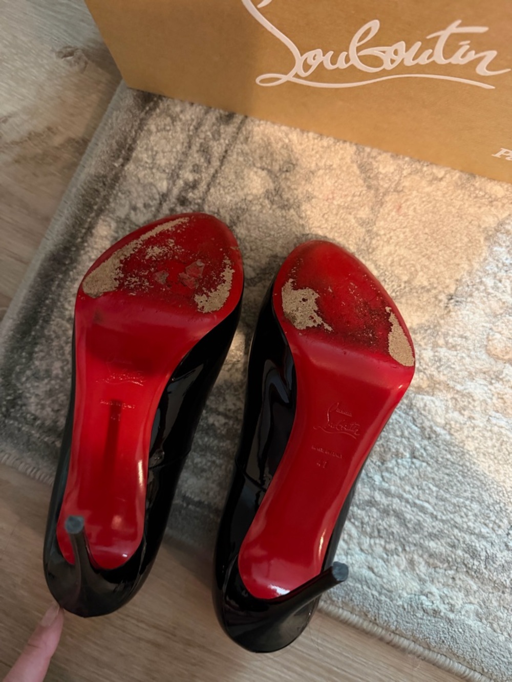 Christian Louboutin Black Patent Peep-Toe Pumps with Red Toe - Picture 4 of 5